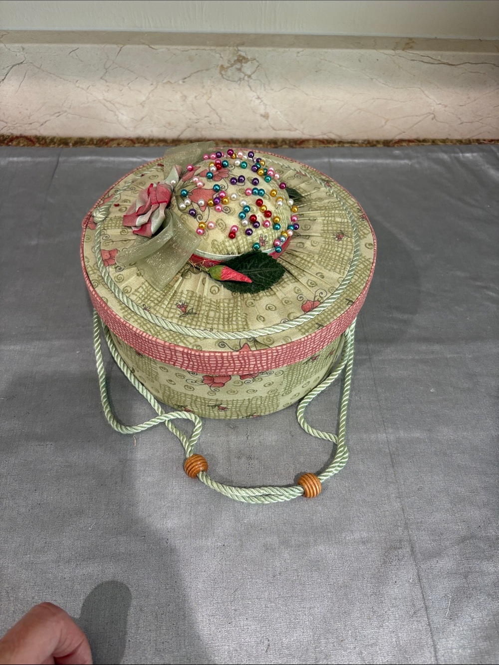 Decorative Floral Beaded Hat sewing box - Green and Pink